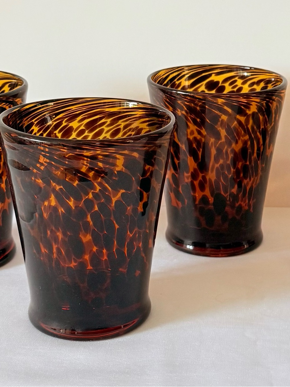 Vintage MCM Tortoise Shell Art Glass Amber Drinking Glasses Tumblers Set of 2